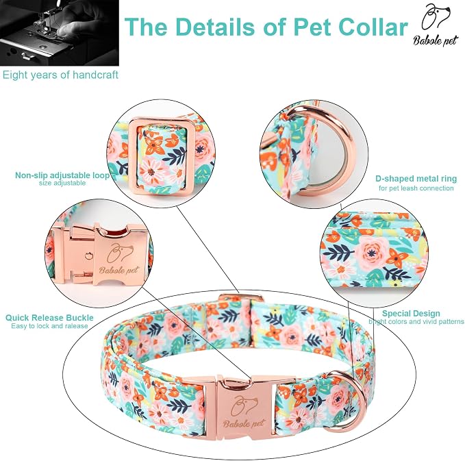 Floral Dog Collar - Cute Summer Flowers Dog Collars for Small Dogs, Durable Adjustable Male Female Puppy Collar with Metal Buckle S