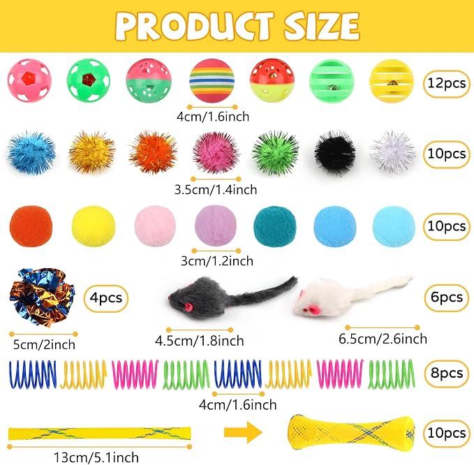 QUOZUO Kitten Toys, 60PCS Cat Balls Springs Toy Set, Cat Mouse Toy, Kitten Sparkle Crinkle Balls Furry Soft Pom Pom