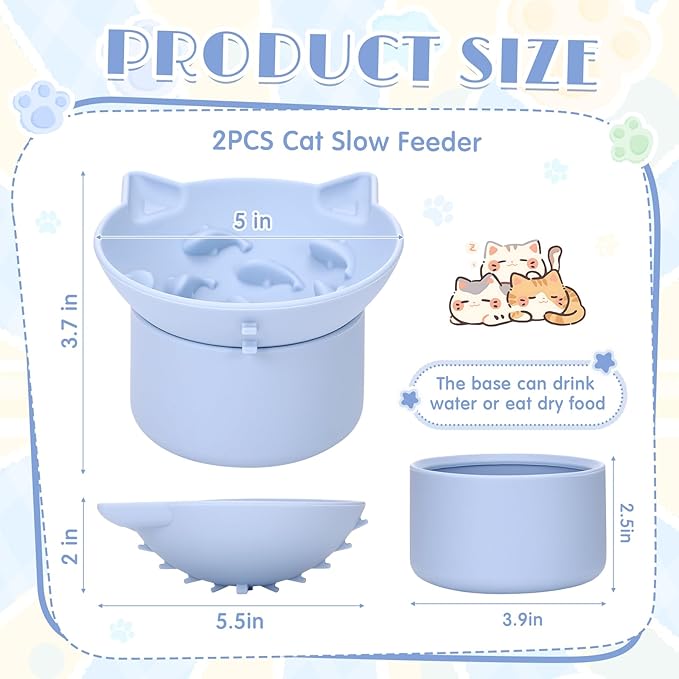 Funnymoom 2 Pack Silicone Cat Slow Feeder, Elevated Slow Feeder Cat Bowl for Dry and Wet Food, Tilted Design with Non Slip Base, Adjustable Angle for Pet(Green and Blue)