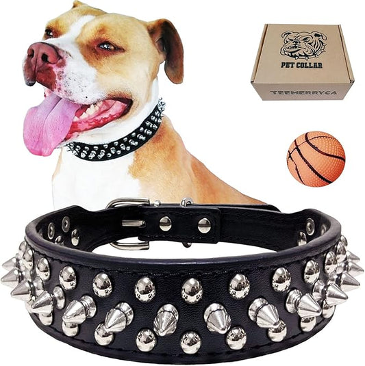 TEEMERRYCA Adjustable Microfiber Leather Spiked Studded Dog Collars with a Squeak Ball Gift for Small Medium Large Pets Like Cats/Pit Bull/Bulldog/Pugs/Husky, Black, M(12"-15")