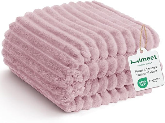 HIMEET Fleece Dusty Pink Throw XL Blanket for Couch - 300GSM Ribbed Cozy Nap Blankets for Travel, New Home Birthday Gifts for Women Men Her, Long Sofa Aesthetic Room Decor Office Throws, 50x70 Inches