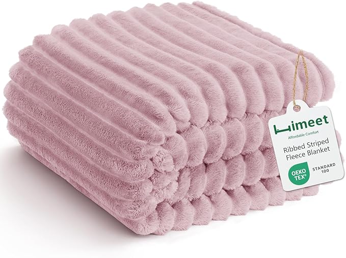 HIMEET Fleece Dusty Pink Queen Blanket for Bed - 300GSM Ribbed Soft Cozy Bedding Blanket, House Warming Gifts New Home, Luxury Aesthetic Bedroom Decor Throws, 90x90 Inches