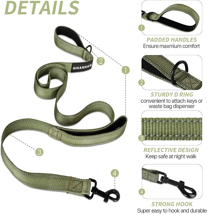 Reflective Dog Leash with Double Handle, Dog Leash 6 FT Long, Supports Medium, and Large Dogs, Heavy Duty for Walking, Running, and Training, Green