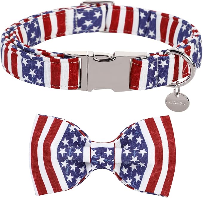 Dog Collar with Bow Tie, 4th of July Comfortable Cotton Dog Collar, American Flag Collar for Large Girl Boy Dog, Patriotic Bowtie Collar with Metal Buckle, L