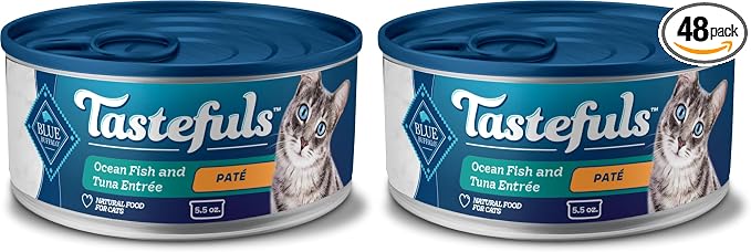 Blue Buffalo Tastefuls Wet Cat Food Paté,Made with Natural Ingredients,Ocean Fish and Tuna Entrée,5.5-oz Cans,(Pack of 48)