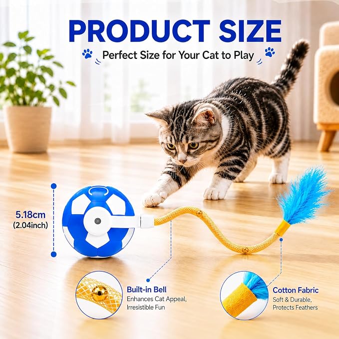 Interactive Cat Toys with Feather Tail, 3 in 1 Automatic Moving Cat Ball, USB Rechargeable Smart Rolling Pet Toy with Obstacle Avoidance for Indoor Cats, Kittens & Small Dogs