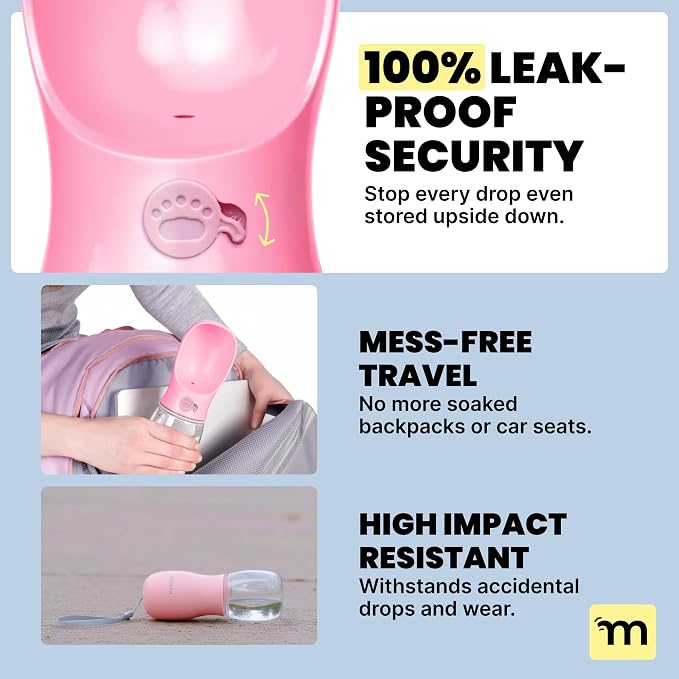MalsiPree On the Go Dog Water Bottle Dispenser - 12 oz Pink - Leak-Proof Lock & One-Hand Operation - Pet Travel Bottle with Built-in Bowl, for Travel, Trail Hiking, Park Visit, Camping & Beach Days