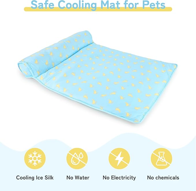 PUMYPOREITY Cooling Dog Bed, Pet Cooling Mat with Pillow, Ice Silk Cooling Dog Blanket, Self Cooling Pad for Cat,Dog, Washable Summer Pet Mat for Kennel, Crates, Sofa, Floor, Blue, L