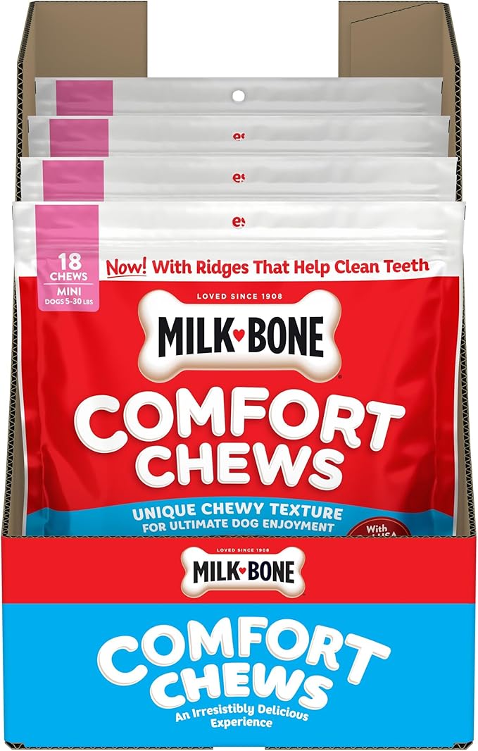 Milk-Bone Mini Comfort Chews, Chewy Texture and Real Beef, 18 Mini Chews (Pack of 4)