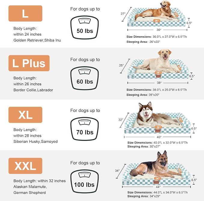 Large Dog Bed Orthopedic Washable: Beds Bolster XXL Bed Big XLarge Dogs Egg Crate Foam Sofa Couch Waterproof Removable Cover - Green Grid