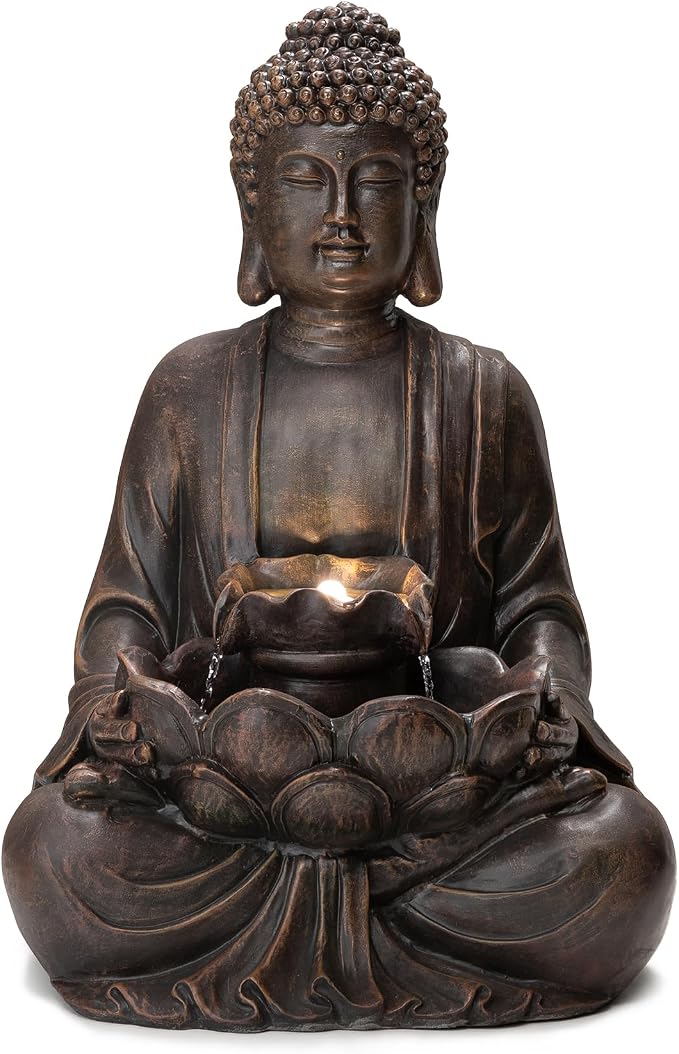 Glitzhome Buddha Fountain with Pump & LED Light, 2 Tier Zen Style Meditating Buddha Water Fountain Outdoor Fountains and Waterfalls Outdoor Buddha Statues for Garden Patio Backyard 28.25" H
