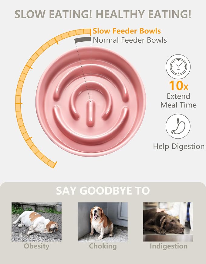 Ceramic Slow Feeder Dog Bowls, 0.6 Cup Slow Feeder for Small Dogs, Puzzle Maze Bowl, Prevents Choking, 6in, Pink