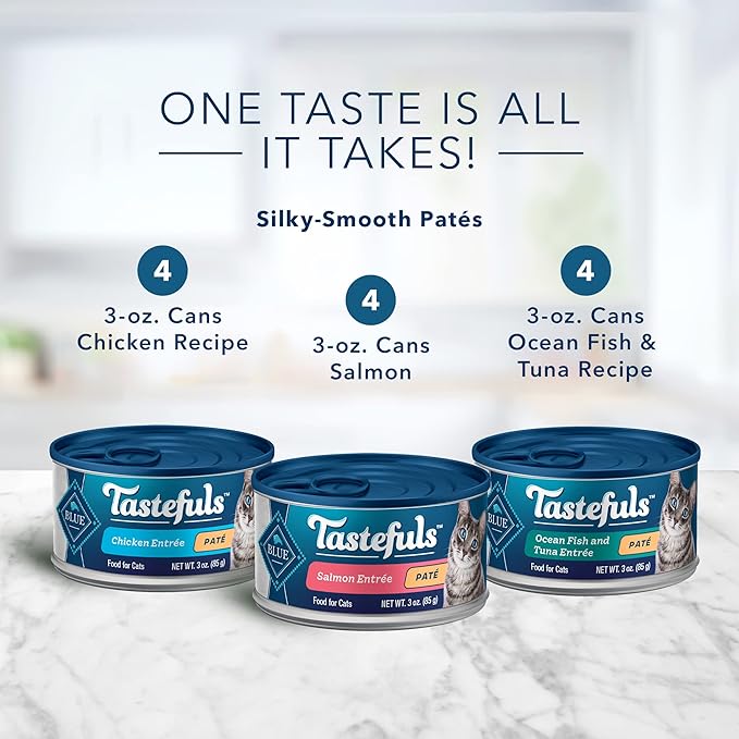 Blue Buffalo Tastefuls Natural Pate Wet Cat Food Variety Pack, Salmon, Chicken,Ocean Fish & Tuna Entrées 3-oz Cans (4 of Each Flavor), (Pack of 24)
