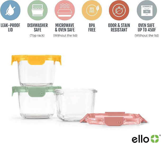 Ello Color Lock 8PC Mixed Glass Food Storage Sets, Leak-Proof Glass Food Storage Containers