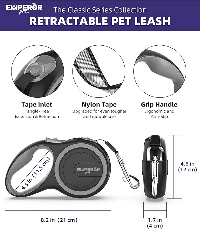 Emperor Pets 26 ft Retractable Dog Leash - Heavy Duty Retractable Pet Leash with Anti-Slip Grip - Reflective Dog Leash Tape for Medium to Large Dogs up to 100 lbs -GY26