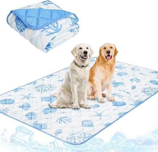 PUPTECK Dog Cooling Mat for Medium Large Dogs, Blanket for Kennels Crate Floor, Pets Cooling Pad, Dog Cat Summer Sleeping Outside, White & Blue Shell Large 28"x40"