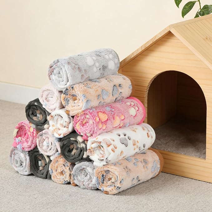 18 Pcs Dog Blankets for Small Dogs Washable Soft Fluffy Fleece Puppy Blankets Bulk for Pets Cute Paw Printed Throw for Indoor Cats Kitten Crate (23 X 16 Inch)