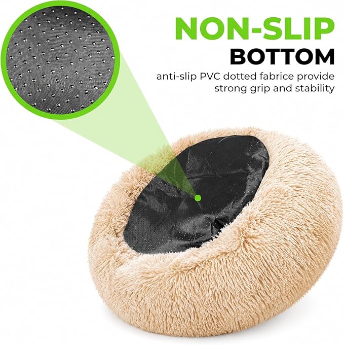 Whiskers & Friends Cat Beds for Indoor Cats, Fluffy Calming Donut Cat Bed, Small Dog Bed Washable - Orthopedic Soft Plush Pet Beds Sized for Kitten to Large Cats & Puppy to Small Dogs - Khaki