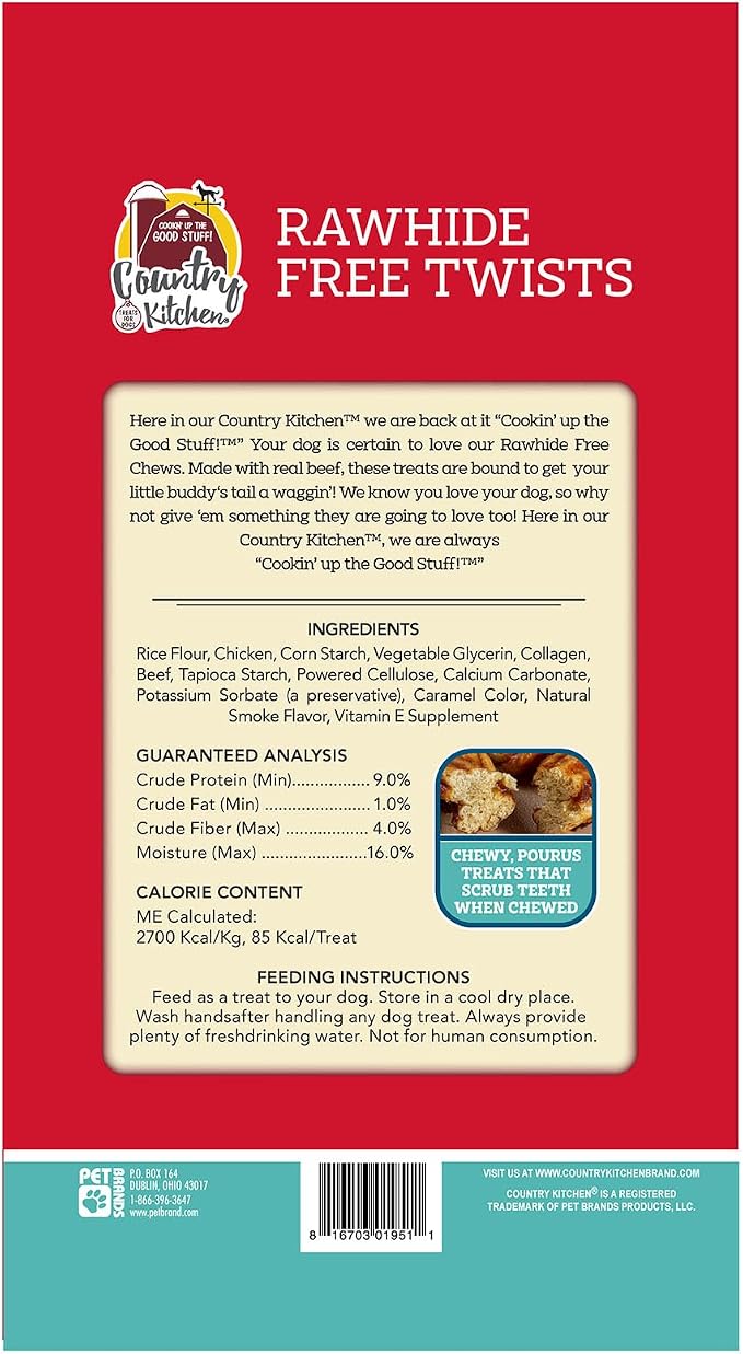 Country Kitchen Rawhide Free Beef Twists Dog Chews, Made with Real Beef, Highly Digestible, Gluten Free, 3 Count