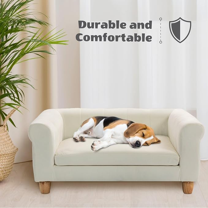CRITTER SITTERS 33” Faux Suede Ped Bed in Cream, Durable Washable Sofa Couch for Small & Medium Cats & Dogs, Must Have Accessory for Yorkies, Shih Tzus & Frenchies, Kitten & Puppy Essential Furniture