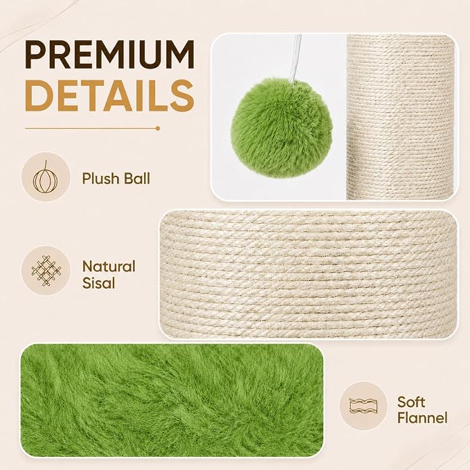 PAWSCRAT Cat Scratching Post 32 Inch High, 5.5 Inch Large Diameter Natural Sisal Cat Scratch Post, Scratch-Resistant and Durable Tall Cat Scratcher for Indoor Cats, Green