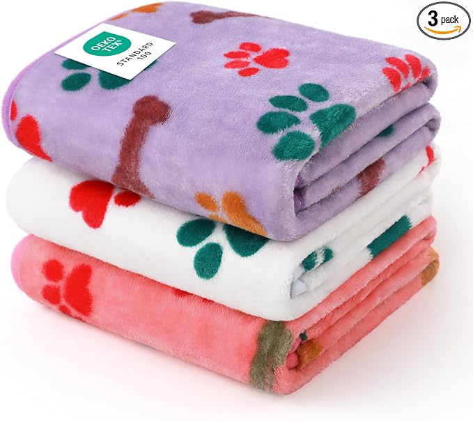 Luciphia 1 Pack 3 Blankets Fluffy Premium Fleece Pet Blanket Flannel Paw Bone Printed Throw for Dog Cat(Small 23x16'', Purple/Pink/White)