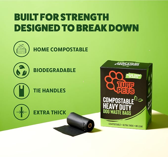 Tuff Pets Certified Compostable Heavy Duty Dog Poop Bag With Handles - 12 Rolls of Pet Waste Bags - Fits in any Dogs Poo Bag Dispenser or Holder - Thick Dog Poop Bags