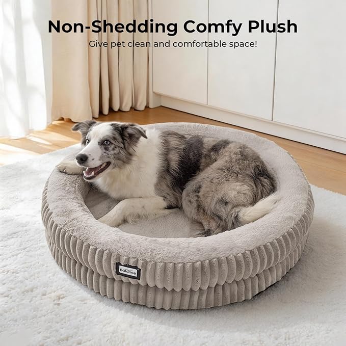 BALANCE Donut Dog Bed, 36 Inches Round Dog Bed Large Size Dogs Washable, Orthopedic Calming Dogs Beds for Pets, Fluffy Plush Faux Fur Pet Bed with Anti-Slip Bottom