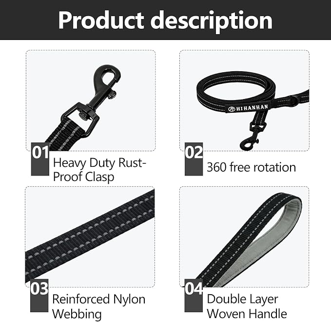 Reflective 6 FT Dog Leash, Premium Traditional Style Puppy Leash with Easy to Use Collar Hook for Small, Medium, and Large Breed Puppies (Black, 3/4 in x 6 ft)