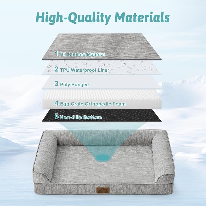 COZY KISS Cooling Dog Bed for Large Dogs, 42"x30" Orthopedic Foam Sofa with Bolster Sides, Q-Max >0.4 Cooling Technology, Cool Pet Bed with Removable Washable Cover, Grey