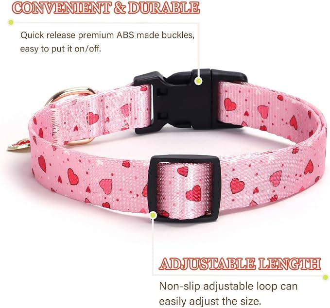 Love Pattern Dog Collar with Buckle Adjustable Safety Nylon Collars for Small Medium Large Dogs, Cute Stylish Girl Boy Christmas Dog Collar(Pink Heart,L)