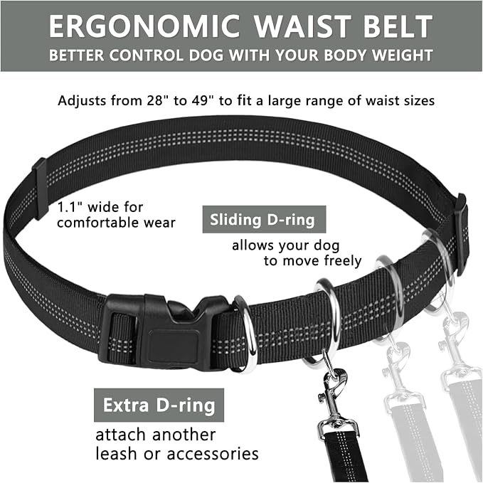LANNEY Hands Free Dog Leash, Waist Running Leash with Zipper, Walking Pouch for Medium Large Dogs, Dual Handle and Retractable Bungee for Training Jogging Hiking(25-120 lbs, Grey)