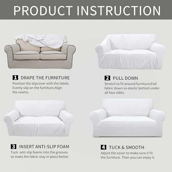 Easy-Going Stretch Sofa Slipcover 1-Piece Sofa Cover Furniture Protector Couch Soft with Elastic Bottom for Kids, Polyester Spandex Jacquard Fabric Small Checks (Sofa, Snow White)