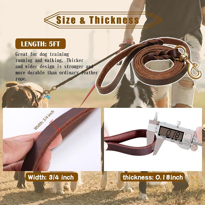 Leather Dog Leash, 5ft x 3/4 inch, Heavy Duty Genuine Leather Braided Dog Training Leash, Comfortable for Large, Medium, Small Dogs (Brown, 5FT*3/4in)