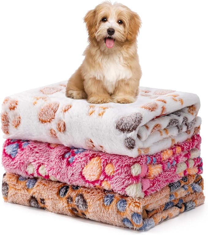 1 Pack 3 Blankets Fluffy Premium Fleece Soft Pet Blanket Flannel Throw for Cat Dog Puppy (Medium 30x20'', Paw-White/Pink/Brown)