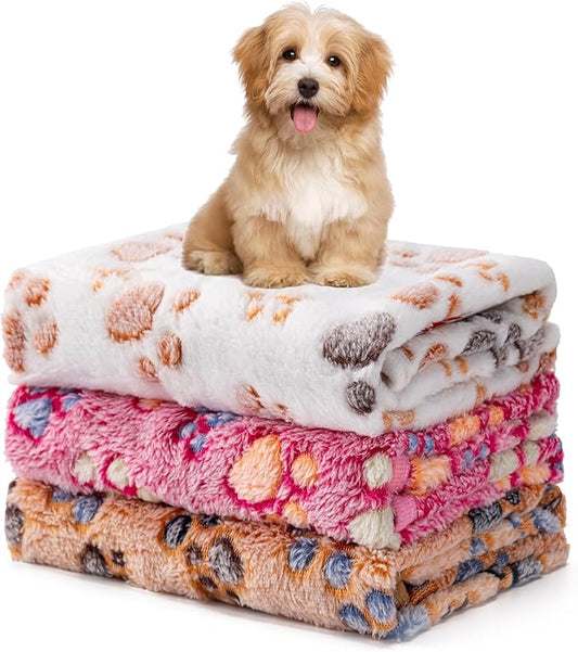 1 Pack 3 Blankets Fluffy Premium Fleece Soft Pet Blanket Flannel Throw for Cat Dog Puppy (Medium 30x20'', Paw-White/Pink/Brown)
