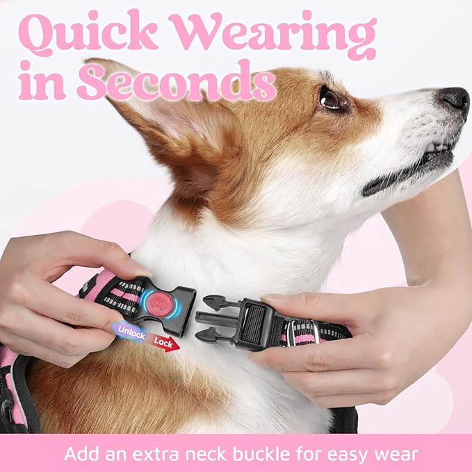 rabbitgoo Dog Harness Medium Sized, 3 Buckles Easy On & Off No Pull Pet Vest, Soft Padded Walking Pet Harness with Control Handle, Adjustable and Reflective, Light Pink, M