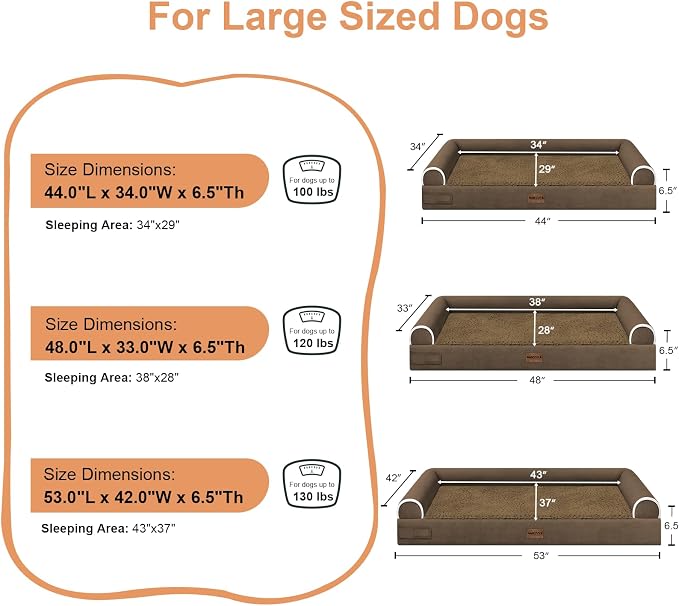 Large Dog Bed Orthopedic Washable: Jumbo Dog Bed Bolster Extra Large Dogs Egg Crate Foam Sofa Couch Waterproof Removable Cover - Coffee