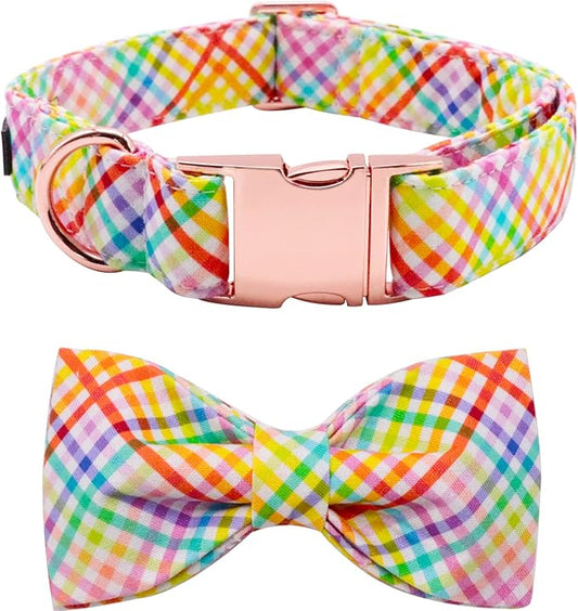 Lionet Paws Easter Dog Collar with Bowtie - Colorful Cute Cotton Bowtie Dog Collar with Metal Buckle for Large Dog Girl Boy, XL, Neck 16-26in