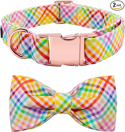 Lionet Paws Easter Dog Collar with Bowtie - Colorful Cute Cotton Bowtie Dog Collar with Metal Buckle for Small Dog Girl Boy, S, Neck 10-16in