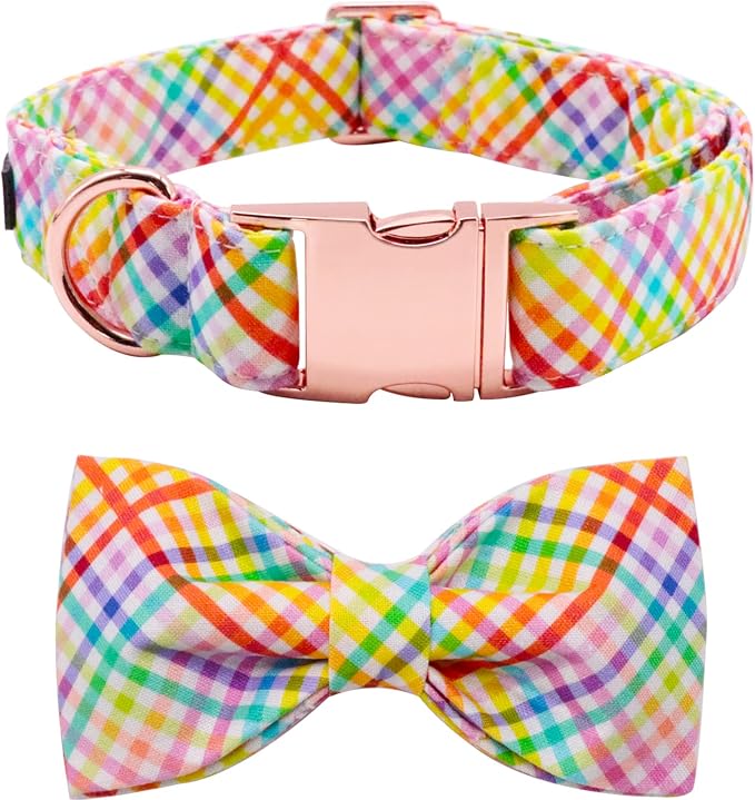Lionet Paws Easter Dog Collar with Bowtie - Colorful Cute Cotton Bowtie Dog Collar with Metal Buckle for Medium Dog Girl Boy, M, Neck 13.5-22in