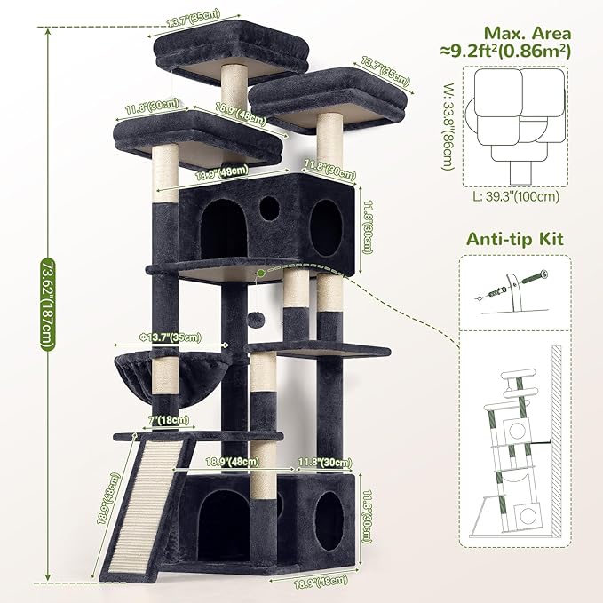 Globlazer Heavy Duty Cat Tree, 73inch Sturdy Cat Tower with Scratching Post for Indoor Multiple Cats, Maine Coon Cat Tree with Cat Perch, Basket, Cat Condo for Adult Cats Kittens, F73C, Dark Grey