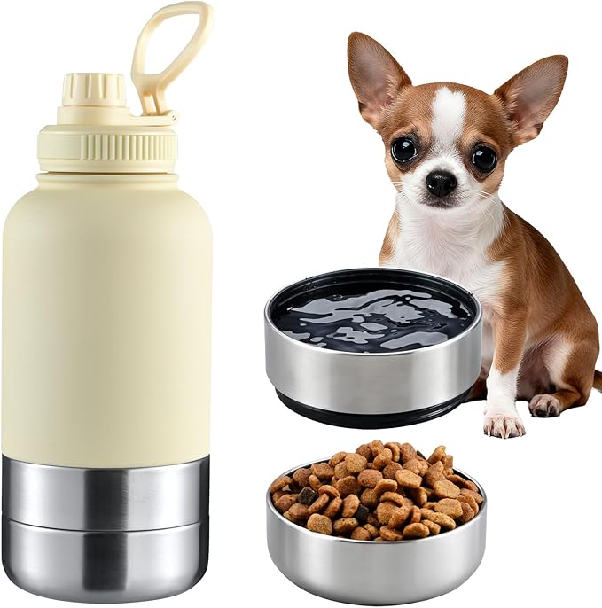 Cibaabo Insulated Dog Water Bottle with 2 Bowls, 32oz Travel Stainless Steel Double Wall Thermos, Portable Pet Dispenser, Gifts for Puppy Small Medium Dogs Walking Hiking and Camping