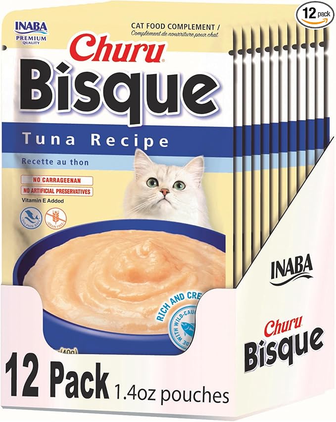 INABA Churu Bisque for Cats, Creamy Lickable Purée Side Dish with Vitamin E, 1.4 Ounces per Pouch, 12 Pouches, Tuna Recipe