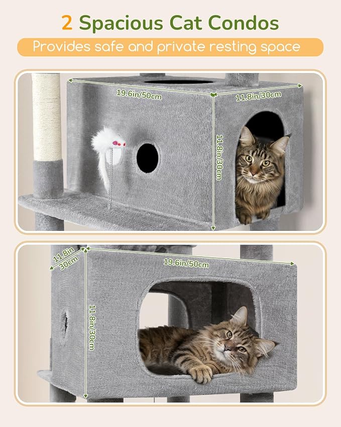 Globlazer Heavy Duty Cat Tree Tower 80in Tall Extra Large Cat Tree Tower for Multiple Indoor Cats Large Adult with Scratching Posts, 2 Spacious Condos, Padded Perches, Soft Hammock, S80B, Light Grey