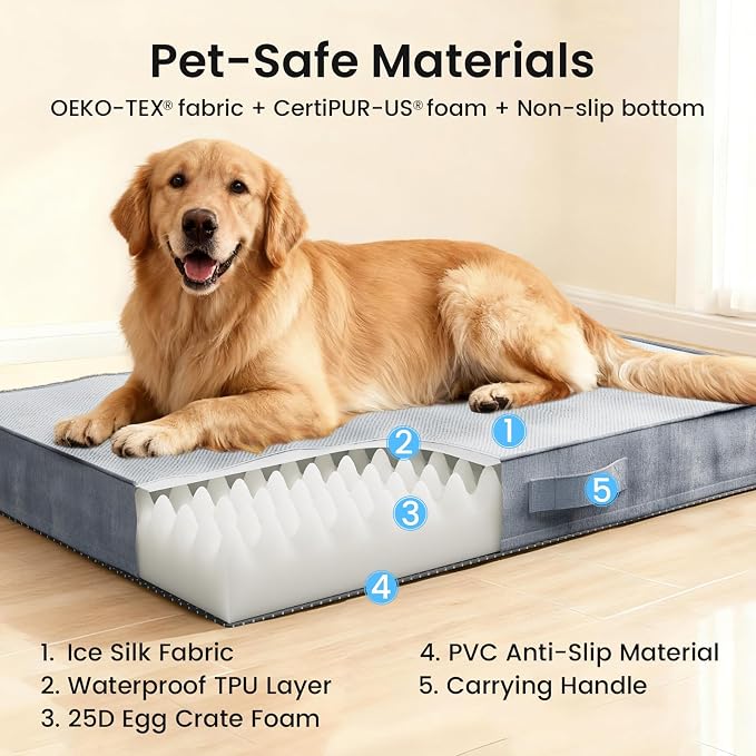 OhGeni Orthopedic Cooling Dog Bed for Extra Large Dogs, Cooling Mat with Machine-Washable Removable Cover in Easy-Clean Fabric, High Density Foam & Easy-Carry Handle, Summer Pad, 41 inch (Gray)