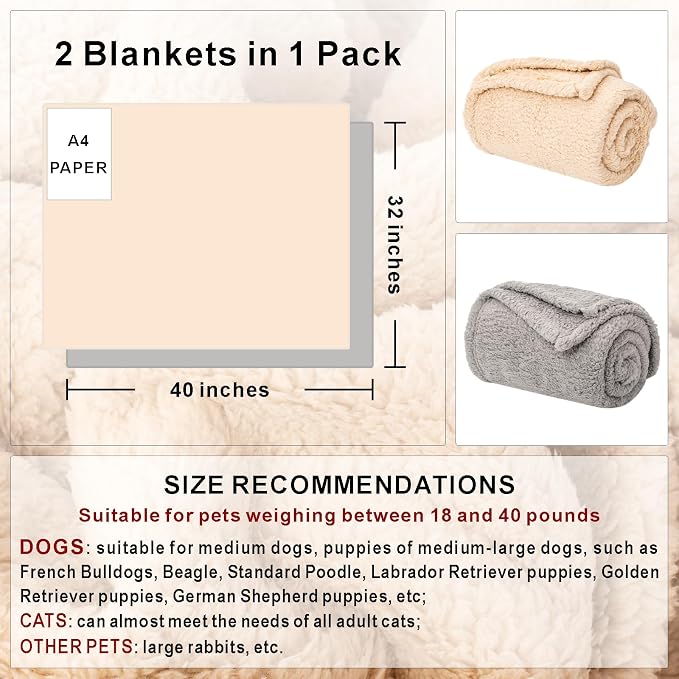 2 Blankets, Dog Cat Pet Blanket, Soft Warm Fleece, for Puppy, Small Dogs or Kitten, Cats, Plush Fuzzy Blanket for Bed, Sofa, Travel (40" x 32", 2/Pack, Beige+Light Gray)