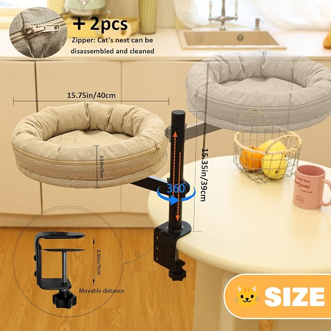 Cat Desk Bed for Cat, Desk Mounted Pet Mat x2 Removable and Washable, 360 Rotation & Adjustable Height Cats Up to 40 lbs