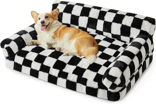 BFPETHOME Large Dog Couch Bed, Cute Pet Sofa with Non-Slip Bottom, Checkered Dog Bed with Washable Cover, XL Pet Couch (Black&White)