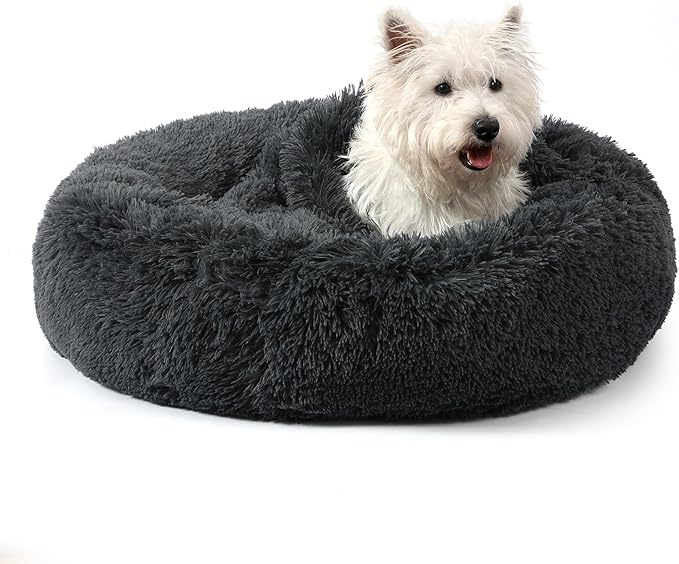 Calming Donut Dog Bed with Hooded Blanket – Plush Fluffy Cave Bed for Small & Medium Dogs, Machine Washable Anti-Anxiety Pet Bed for Cats
